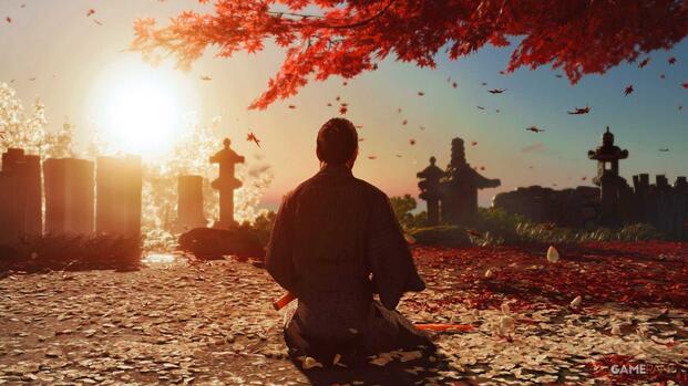 Ghost of Tsushima Jin Sakai kneeling in family graveyard under red tree
