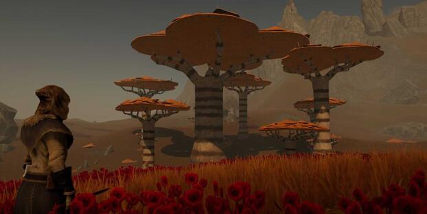 A player looking at orange trees in Pantheon: Rise of the Fallen