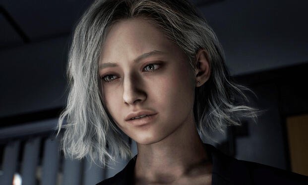 Close-up of Grace Ashcroft, a young woman with short silver hair and a worried expression, standing in a dimly lit room in Resident Evil Requiem.