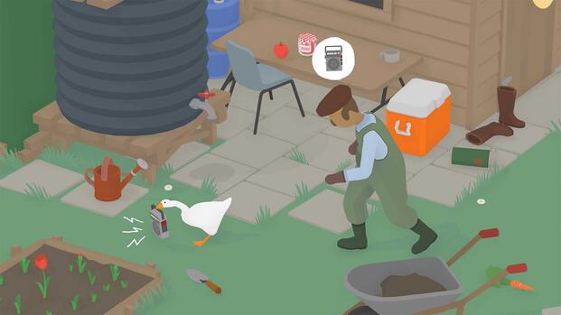 A farmer chasing a goose in Untitled Goose Game