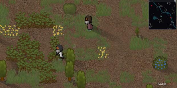 Two masked visitors stroll through a lush RimWorld meadow, illustrating Hospitality’s guest interaction system