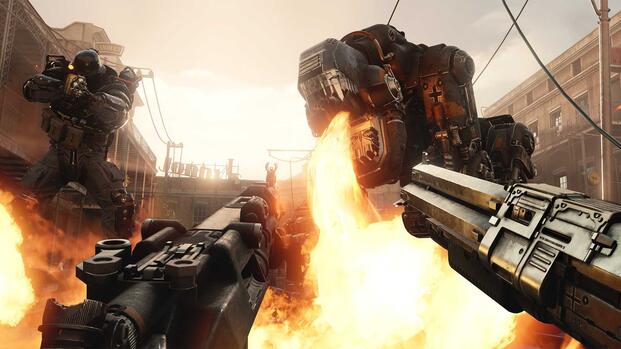 wolfenstein 2 dual wielding weapons against mecha enemies