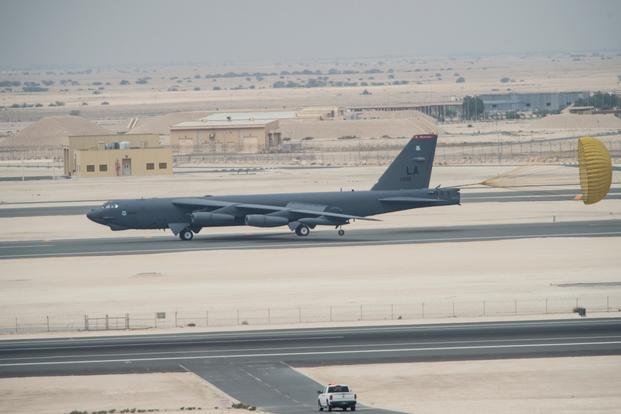 A B-52 Stratofortress touches down at Al Udeid Air Base, Qatar, April 9, 2016. (Photo by Corey Hook/U.S. Air Force)