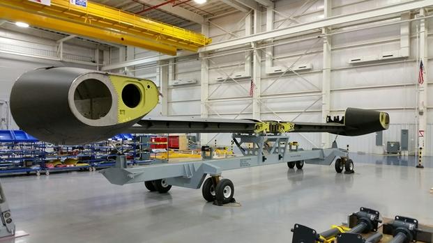 Bell Helicopter's wing readies to be attached to the fuselage of its V-280 Valor tilt-rotor helicopter in April 2016 at the company's aircraft assembly center in Amarillo, Texas. (Bell photo)