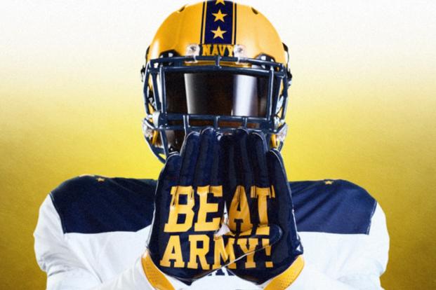 Navy's helmets feature 14 stars down the middle to signify the 14 straight wins Navy has accumulated over Army. (Photo courtesy Under Armour)