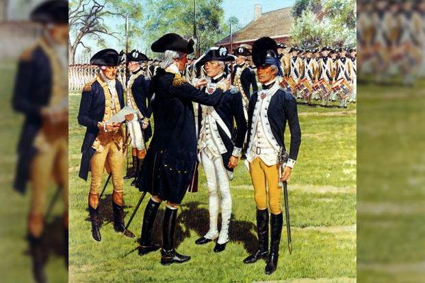 An artist's rendition of Washington presenting Sergeant Elijah Churchill (pictured on right) and Sergeant William Brown, a member of the 5th Connecticut Regiment, Continental Line, their Badges of Military Merit May 3, 1783. (Center of Military History)
