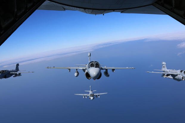 EA-6B Prowlers belonging to each Prowler squadron aboard Marine Corps Air Station Cherry Point conducted a "Final Four" division flight aboard the air station March 1, 2016. (Photo: Cpl. Neysa Huertas Quinones)