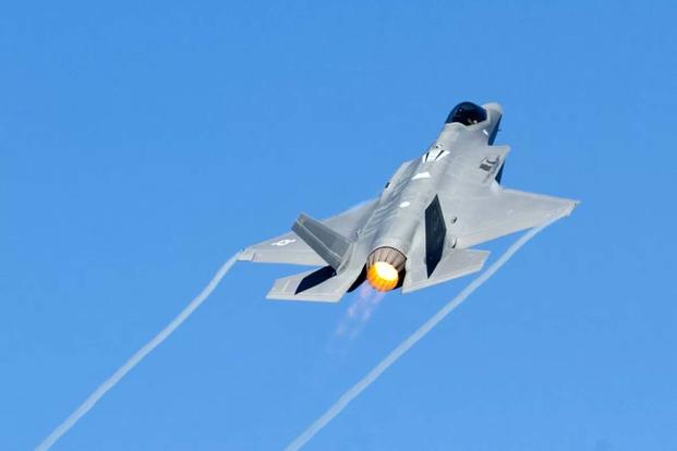 A U.S. Air Force F-35 Lightning II demonstration aircraft takes off during the AirPower over Hampton Roads Open House at Langley Air Force Base, Va., April 24, 2016. (U.S. Air Force/Senior Airman R. Alex Durbin)