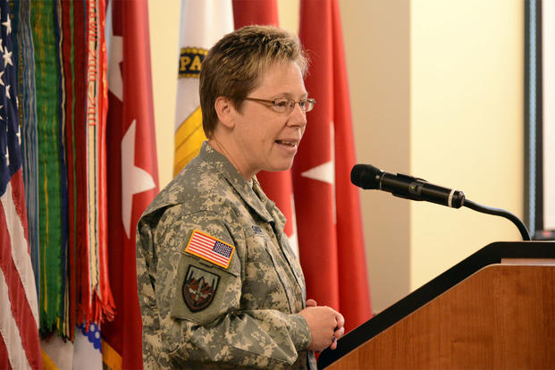Army Reserve Deputy Chief of Staff Brig. Gen. Tammy Smith speaks June 26, 2015, before a Pride Month event at Brooks Medical Center, San Antonio, Texas. Smith was speaking when she got word that the Supreme Court ruled in favor of same-sex marriages.