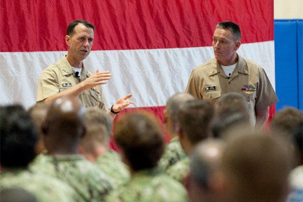 Chief of Naval Operations Adm. John Richardson and Master Chief Petty Officer of the Navy Mike Stevens answer Sailors' questions at Naval Support Activity Bahrain. (U.S. Navy photo by Mass Communication Specialist 1st Class Martin L. Carey)