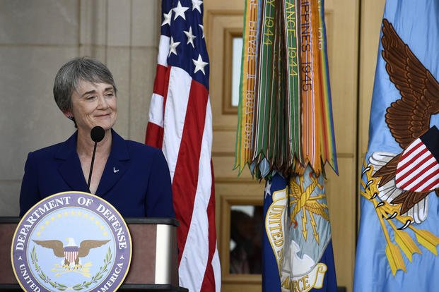 Newly sworn Secretary of the Air Force Heather Wilson thanks family, friends and colleagues during her ceremonial oath of office as the 24th secretary, at the Pentagon event, May 16, 2017. (U.S. Air Force photo/Wayne A. Clark)