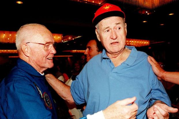 John Glenn and Ted Williams, shown above in this undated photograph, served in the same Marine fighter squadron in Korea. (Photo via Fox News)