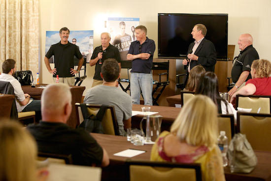 Journalists (aka recruits) are debriefed by former CIA and FBI officers following a demonstration of espionage techniques at a media day for the spy thriller Jack Ryan: Shadow Recruit, available now on Digital and on Blu-ray June 10th. (Photo by Casey Rodgers/Invision for Paramount Home Media Distribution/AP Images)