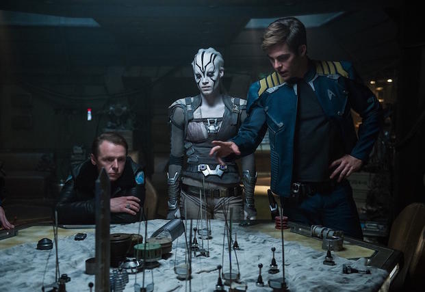 Left to right: Simon Pegg plays Scotty, Sofia Boutella plays Jaylah and Chris Pine plays Kirk in Star Trek Beyond from Paramount Pictures, Skydance, Bad Robot, Sneaky Shark and Perfect Storm Entertainment