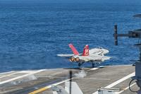 An F/A-18C Hornet attached to Strike Fighter Squadron 37 takes off from the aircraft carrier George H.W. Bush on Oct. 20, 2017. The Navy plans to put a recompression chamber aboard every deploying carrier to combat hypoxia symptoms. Mass Communication Specialist 3rd Class Mario Coto/Navy