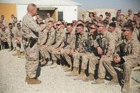 Commandant of the Marine Corps Gen. Robert B. Neller speaks with Marines and Sailors assigned to Task Force Southwest at Camp Shorab, Afghanistan, Dec. 23, 2017. (U.S. Marine Corps photo/Lucas Hopkins)