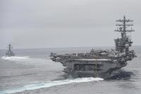 Ships assigned to the Nimitz Carrier Strike Group participate in a strait transit exercise in the Pacific Ocean on April 3, 2017. Mass Communication Specialist Seaman Ian Kinkead/Navy