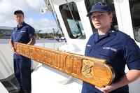 The Coast Guard Cutter Richard Etheridge nameboard is seen Feb. 23, 2013, and was donated from the structure of the Etheridge family homestead in Manteo, N.C. Capt. Etheridge was the first African-American keeper of the Pea Island Life-Saving Station located on the northern half of Hatteras Island off the North Carolina coast, where treacherous waters churn in the Graveyard of the Atlantic. (Petty Officer 1st Class Krystyna Hannum/Coast Guard)