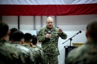 General Robert Neller, Commandant of the Marine Corps, speaks to Marines at Naval Air Station Sigonella, Italy. He recently spoke to Marine units stationed in nine countries. (US Marine Corps photo/Alexander Mitchell)