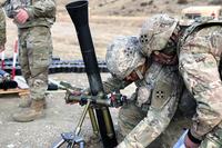 Pfc. Bryce Marcille, left, with Headquarters and Headquarters Company, 2nd Battalion, 12th Infantry Regiment, 2nd Infantry Brigade Combat Team, sets the elevation on an 81mm mortar system as Spc. Brian Torres, right, monitors through the sight piece during range training at Fort Carson, Colo., on Jan. 25, 2018. Several 2-12 Infantry soldiers conducted range qualification training in preparation for the War Horse Brigade’s upcoming deployment to Afghanistan. (Photo by Spc. Connor Owens/Army)