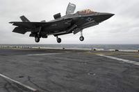 A U.S. Marine Corps F-35B Lightning II aircraft with Marine Fighter Attack Squadron (VMFA) 121 touches down on the amphibious assault ship USS Wasp (LHD 1). (U.S. Navy/Mass Communication Specialist 3rd Class Michael Molina)