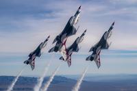 The Thunderbirds Diamond formation pilots transition during Line Break Loop maneuver over the Nevada Test and Training Range during a training flight, Jan. 29, 2018. (U.S. Air Force/Tech. Sgt. Christopher Boitz)