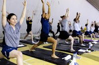U.S. service members participate in a yoga class in Afghanistan.