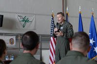 U.S. Air Force Gen. Tod D. Wolters, U.S. Air Forces in Europe and Air Forces Africa commander, speaks during an all call with Airmen of the 100th Air Refueling Wing at RAF Mildenhall, England, June 22, 2018. (U.S. Air Force photo/Alexandria Lee)