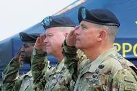 Maj. Gen. Paul C. Hurley Jr., right, incoming CASCOM and Fort Lee commanding general, salutes during the playing of the national anthem at the CASCOM Change of Command Ceremony May 31, 2017. Hurley was relieved of command Aug. 22. (T. Anthony Bell, U.S. Army)