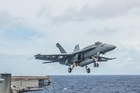 An F/A-18E Super Hornet assigned to the &quot;Eagles&quot; of Strike Fighter Squadron (VFA) 115 launches from the flight deck of USS Ronald Reagan (CVN 76). Oct. 1, 2016. (U.S. Navy photo/Nathan Burke)