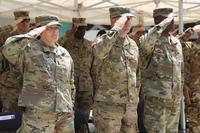 U.S. Army Maj. General Robin Fontes, commanding general of Combined Security Transition Command -Afghanistan salutes as the National Anthem plays during the ribbon cutting ceremony in Kabul, Afghanistan Sept. 8, 2018. (U.S. Army/Sgt. 1st Class Debra Richardson)