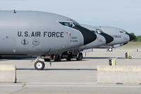 Three KC-135R Stratotankers sit on flight line at Pease Air National Guard Base.