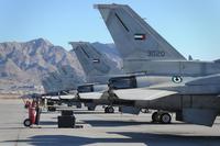 F-16 Desert Falcons from the United Arab Emirates air force are lined up on the flightline after returning from a mission during Red Flag 11-2 Jan. 31, 2011. (U.S. Air Force/ Staff Sgt. Benjamin Wilson)