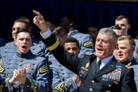 U.S. Army Lt. Gen. Robert Caslen, the 59th superintendent of the U.S. Military Academy, and cadets celebrate receiving the Commander-in-Chief's Trophy during a ceremony at the Pentagon, in Arlington, Virginia, May 1, 2018. (Anna Pol/U.S. Army)