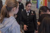 Master-at-Arms 1st Class Jackie Lascala, a recruiter assigned to Navy Talent Acquisition Group Pittsburgh, speaks to students about opportunities in the Navy. (Mass Communication 2nd Class Kyle Hafer/U.S. Navy)