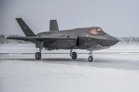 A U.S. Air Force F-35A Lightning II sits on the flight line during pre-Initial Operational Testing and Evaluation on Jan. 23, 2018, at Eielson Air Force Base, Alaska. (U.S. Air Force/Airman 1st Class Isaac Johnson)
