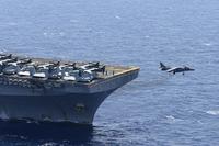 An AV-8B Harrier II attached to Marine Medium Tiltrotor Squadron (VMM) 163 (Reinforced) takes off from the flight deck of amphibious assault ship USS Boxer (LHD 4) during exercise Eager Lion 2019, Sept. 1, 2019. (U.S. Navy/Mass Communication Specialist 3rd Class Alexander C. Kubitza)