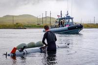 Operations Specialist First Class Sean McNamara launches the Mk 18 Mod 2 Kingfish for an initial underwater survey of Sweeper Cove on Adak Island in the Alaska's Aleutian chain. (U.S. Navy/Senior Chief Petty Officer Brandon Raile)