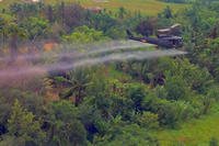 U.S. helicopter spraying defoliant in dense jungle during the Vietnam War.