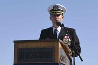 Capt. Brett Crozier addresses the crew of the aircraft carrier USS Theodore Roosevelt.