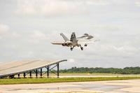 Boeing Super Hornet demonstrates ski-jump launch capability.