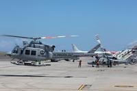 A navy helicopter with Indonesian Military chief Hadi Tjahjanto onboard, takes off during a search mission for The Indonesian Navy submarine KRI Nanggala.