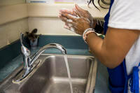 Washing hands thoroughly is a good way to kill germs.