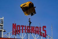 The U.S. Army Parachute Team the Golden Knights descend into National Park before a baseball game.