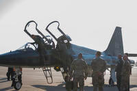 U.S. Air Force Maj. Gen. Phillip Stewart, 19th Air Force commander, deplanes a T-38C Talon on the flight line at Laughlin Air Force Base, Texas.