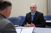 Sgt. 1st Class David Thorpe, assigned to U.S. Army Japan &amp; I Corps (Forward), practices a one-on-one mock interview with a volunteer interviewee during a two-day workshop hosted by Hire Heroes, USO, to prepare for his transitioning process at the Education Center on Camp Zama.