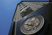 The seal is affixed to the front of the Department of Veterans Affairs building in Washington.