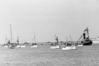 Little boats and ships that evacuated the British expeditionary force from the beaches of Dunkirk, France, 25 years ago, arrive at the French beach for anniversary ceremonies on June 4, 1965. The ships took 350,000 British troops from the beach after they were pushed to the shore by the Germans during World War II. (AP Photo)