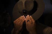 A drill instructor introduces himself to new recruits at Marine Corps Recruit Depot Parris Island, South Carolina.