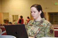 A member of the 117th Air Refueling Wing participates in a resume writing workshop tailored for the USA Jobs website at Sumpter Smith Joint National Guard Base, Alabama.